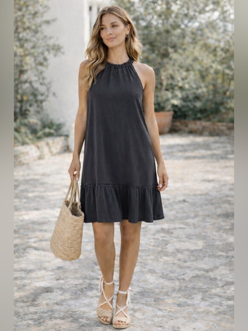 LOFT Black Halter Dress Flounce Hem Sleeveless Shift Small